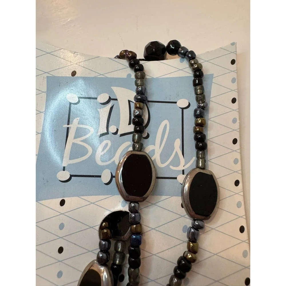 i.D. Beads Scholastic Black Silver Iridescent Beaded Lanyard ID Badge Holder